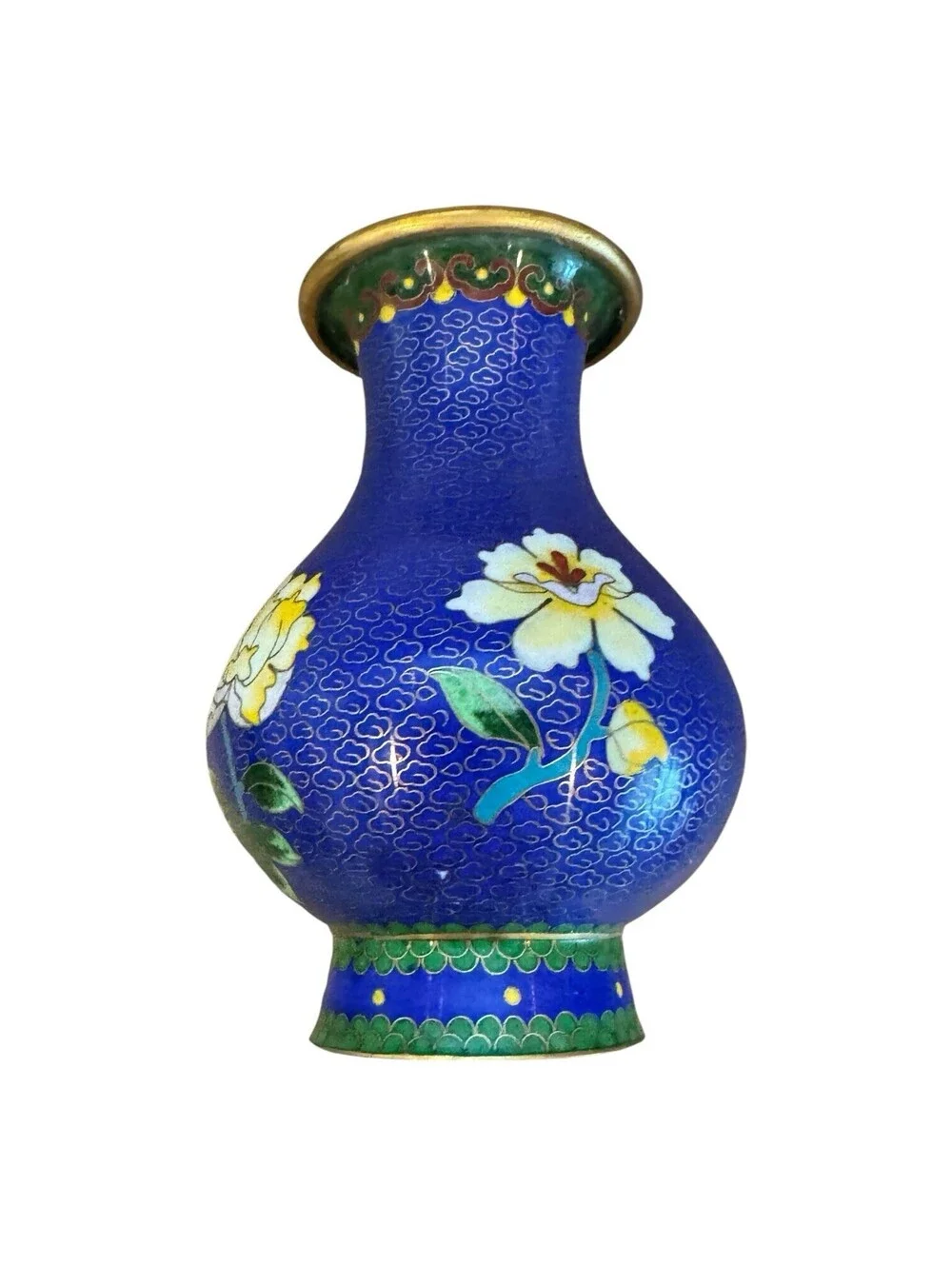 Vintage Chinese Cloisonné Vase Blue Enamel Floral Brass 6 Inch Decorative